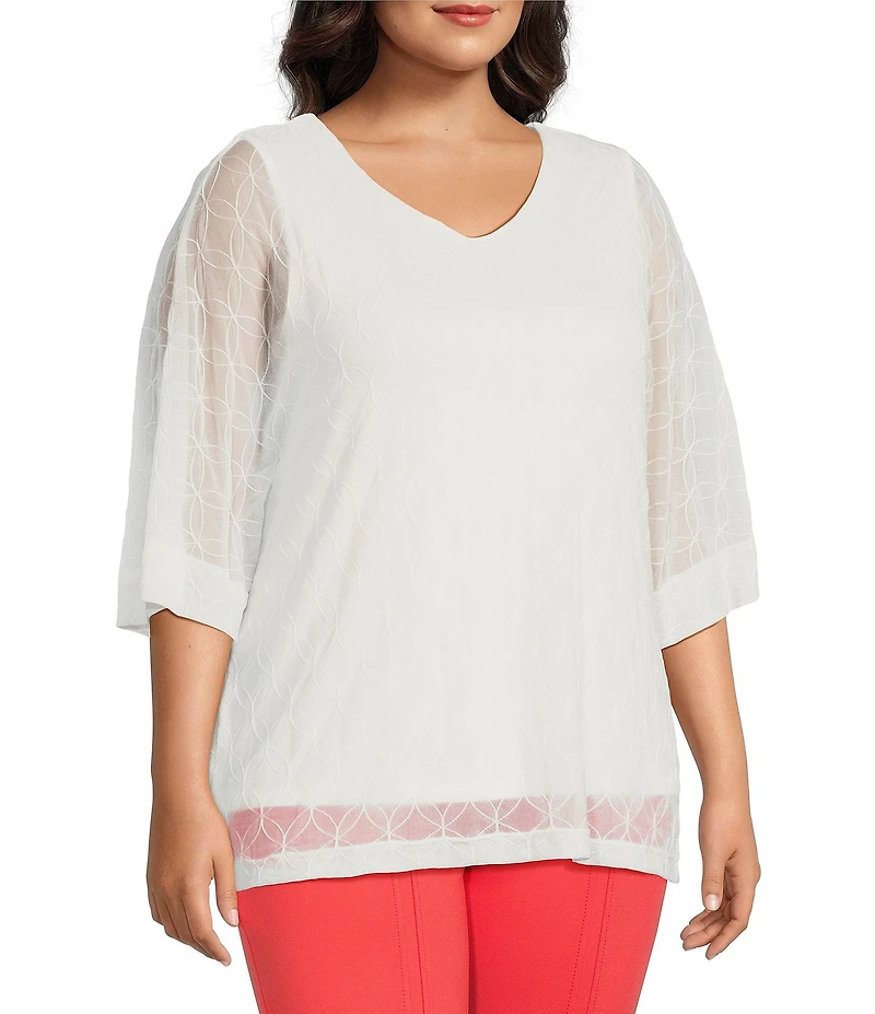 Slim Factor by Investments Plus Size V-Neck 3/4 Sleeve Textured Overlay Top