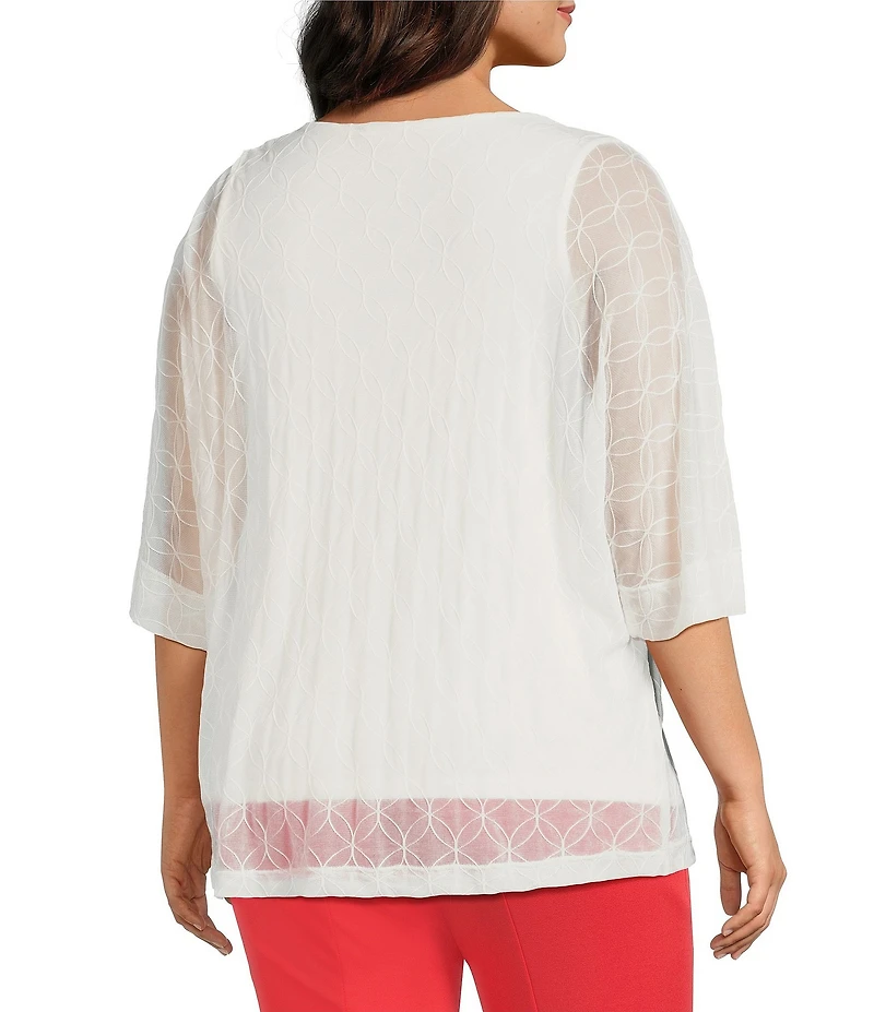 Slim Factor by Investments Plus Size V-Neck 3/4 Sleeve Textured Overlay Top