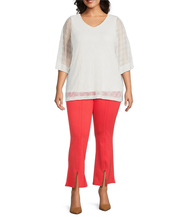 Slim Factor by Investments Plus Size V-Neck 3/4 Sleeve Textured Overlay Top
