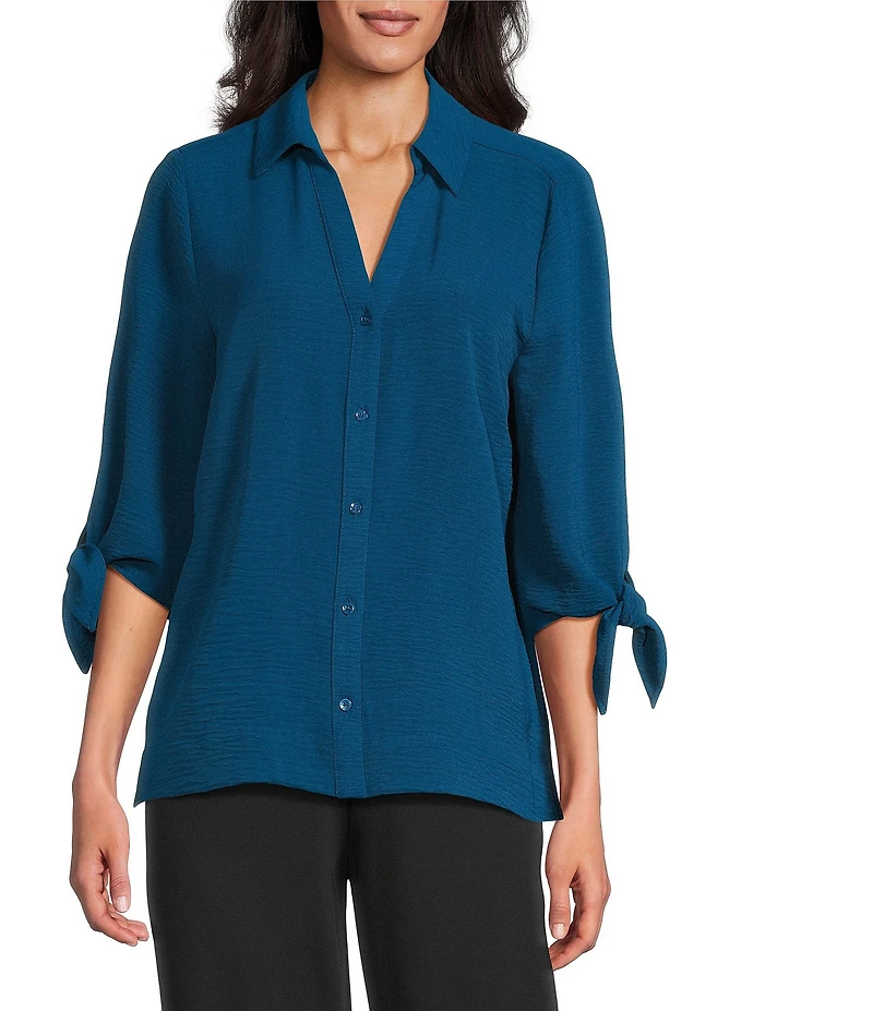 Slim Factor by Investments Nicole Point Collar Y-Neck 3/4 Tie Sleeve Button Front Top