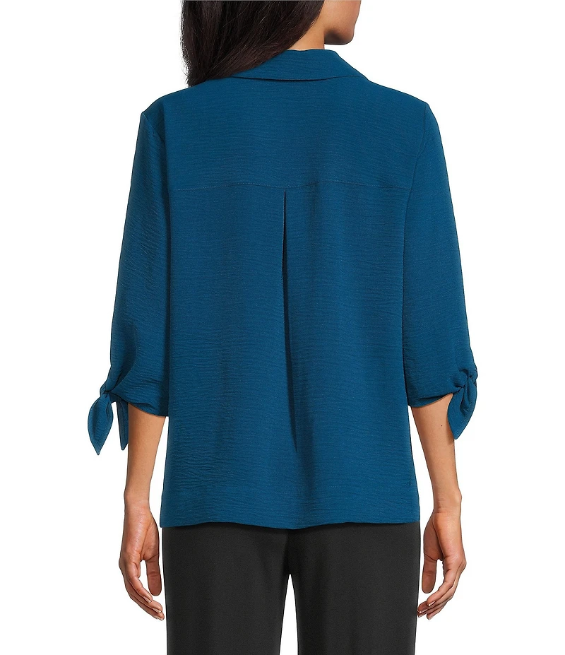 Slim Factor by Investments Nicole Point Collar Y-Neck 3/4 Tie Sleeve Button Front Top
