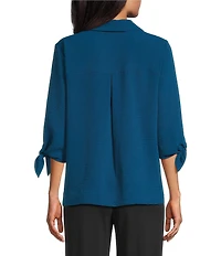 Slim Factor by Investments Nicole Point Collar Y-Neck 3/4 Tie Sleeve Button Front Top