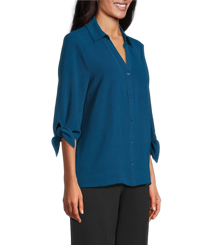 Slim Factor by Investments Nicole Point Collar Y-Neck 3/4 Tie Sleeve Button Front Top