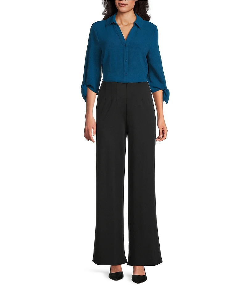 Slim Factor by Investments Nicole Point Collar Y-Neck 3/4 Tie Sleeve Button Front Top