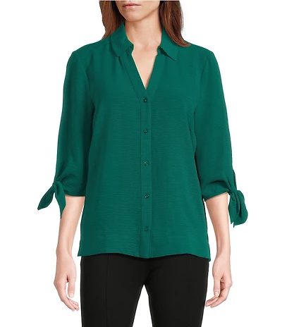 Slim Factor by Investments Nicole Point Collar Y-Neck 3/4 Tie Sleeve Button Front Top