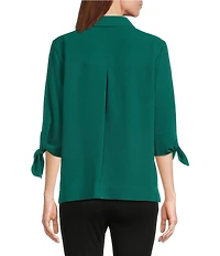Slim Factor by Investments Nicole Point Collar Y-Neck 3/4 Tie Sleeve Button Front Top
