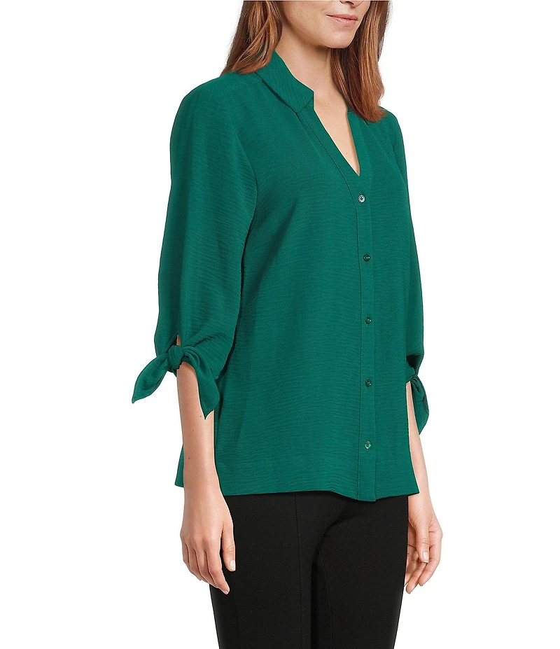 Slim Factor by Investments Nicole Point Collar Y-Neck 3/4 Tie Sleeve Button Front Top