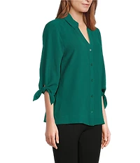 Slim Factor by Investments Nicole Point Collar Y-Neck 3/4 Tie Sleeve Button Front Top