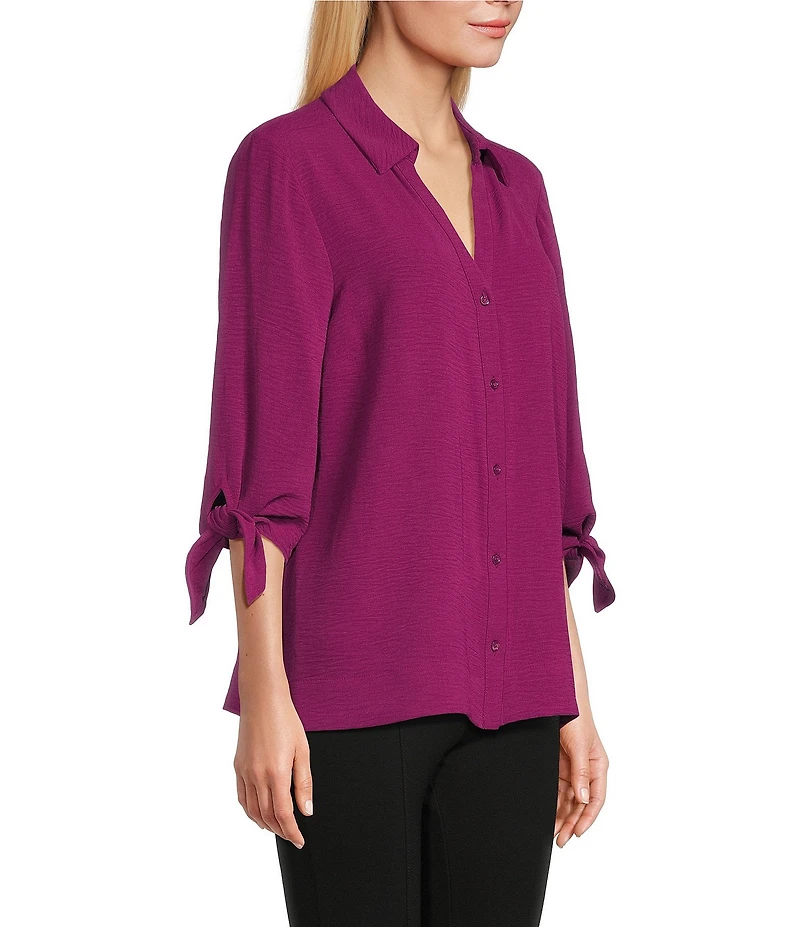Slim Factor by Investments Nicole Point Collar Y-Neck 3/4 Tie Sleeve Button Front Top