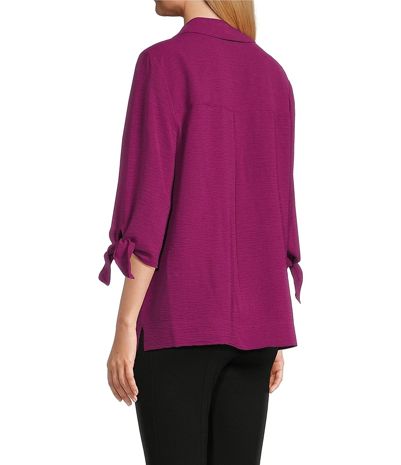 Slim Factor by Investments Nicole Point Collar Y-Neck 3/4 Tie Sleeve Button Front Top