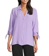 Slim Factor by Investments Nicole Point Collar Y-Neck 3/4 Tie Sleeve Button Front Top