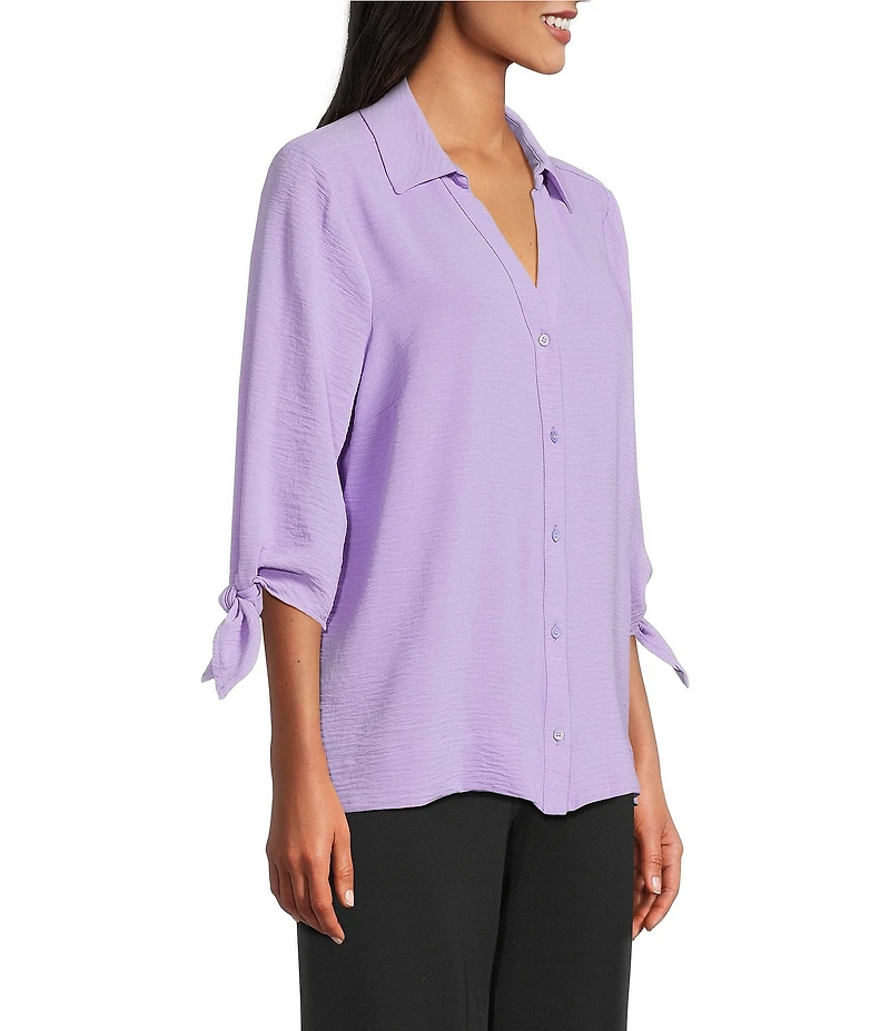 Slim Factor by Investments Nicole Point Collar Y-Neck 3/4 Tie Sleeve Button Front Top