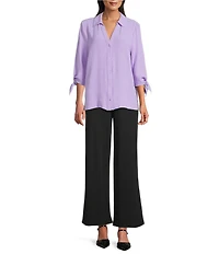 Slim Factor by Investments Nicole Point Collar Y-Neck 3/4 Tie Sleeve Button Front Top