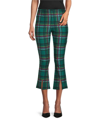 Slim Factor by Investments Ponte Knit Aventurine Plaid No Waist Kick Flare Crop Split Hem Pants
