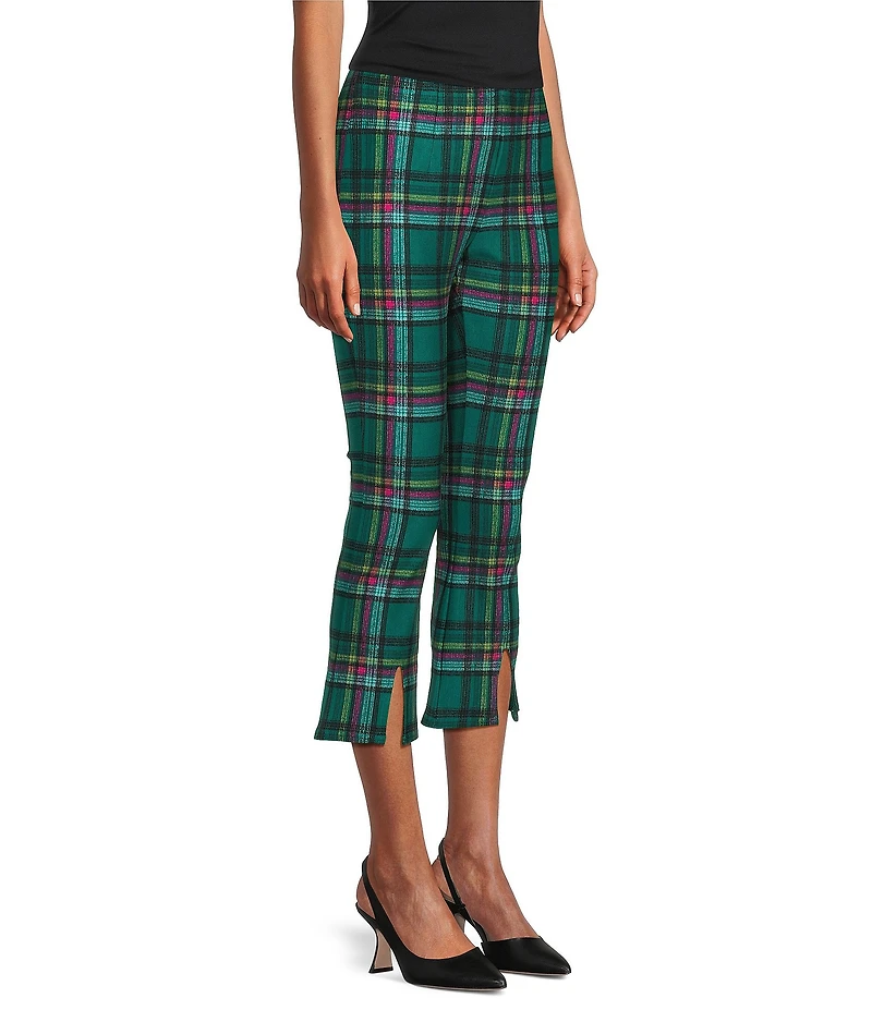 Slim Factor by Investments Ponte Knit Aventurine Plaid No Waist Kick Flare Crop Split Hem Pants