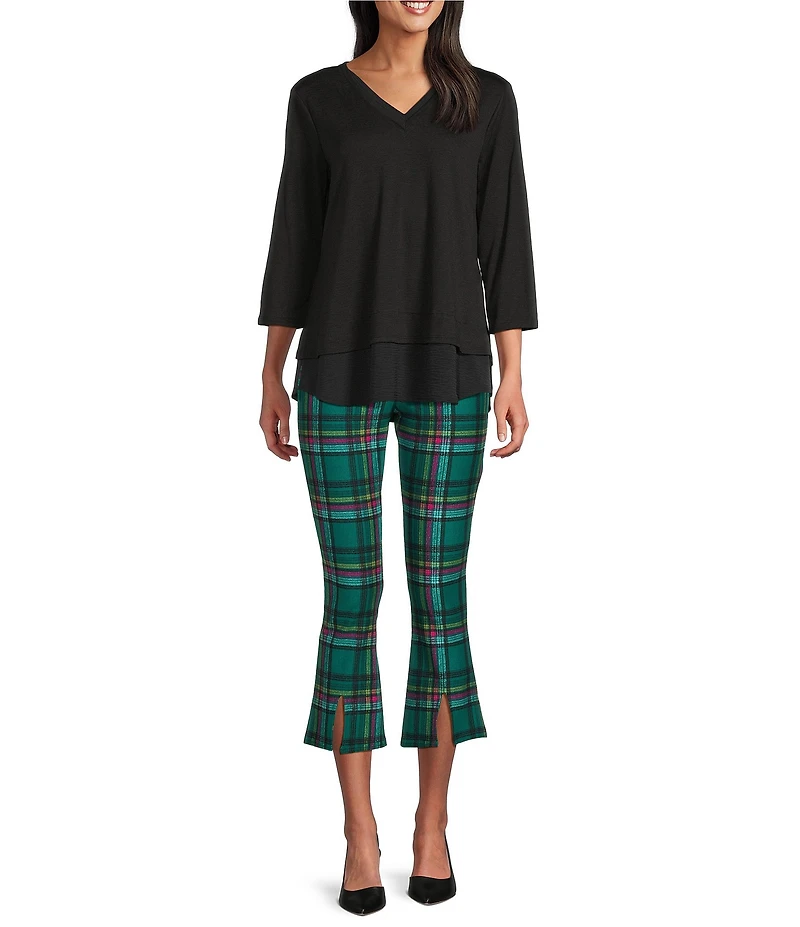 Slim Factor by Investments Ponte Knit Aventurine Plaid No Waist Kick Flare Crop Split Hem Pants