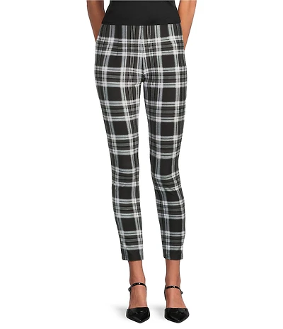Slim Factor by Investments Ponte Knit Black White Plaid Print No Waist Leggings