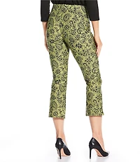 Slim Factor by Investments Ponte Knit Green Olive/Black Paisley No Waist Kick Flare Crop Split Hem Pants