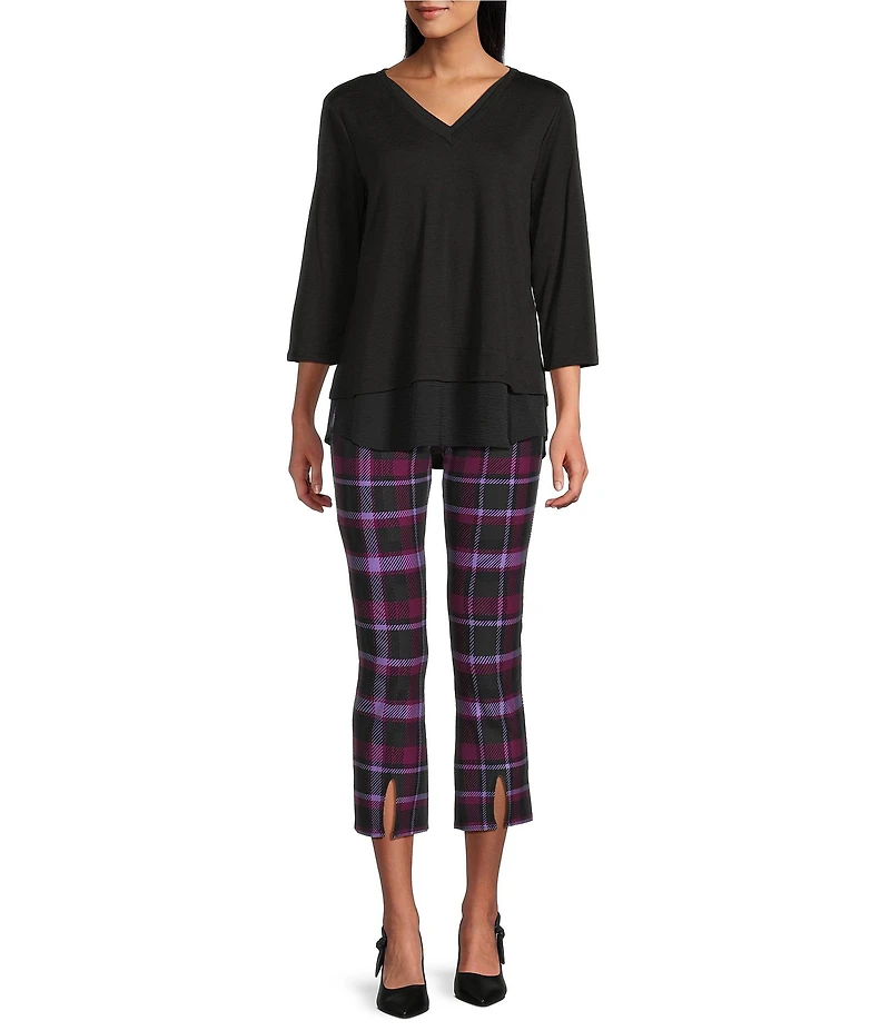 Slim Factor by Investments Ponte Knit Magenta Purple Plaid No Waist Kick Flare Crop Split Hem Pants