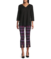 Slim Factor by Investments Ponte Knit Magenta Purple Plaid No Waist Kick Flare Crop Split Hem Pants