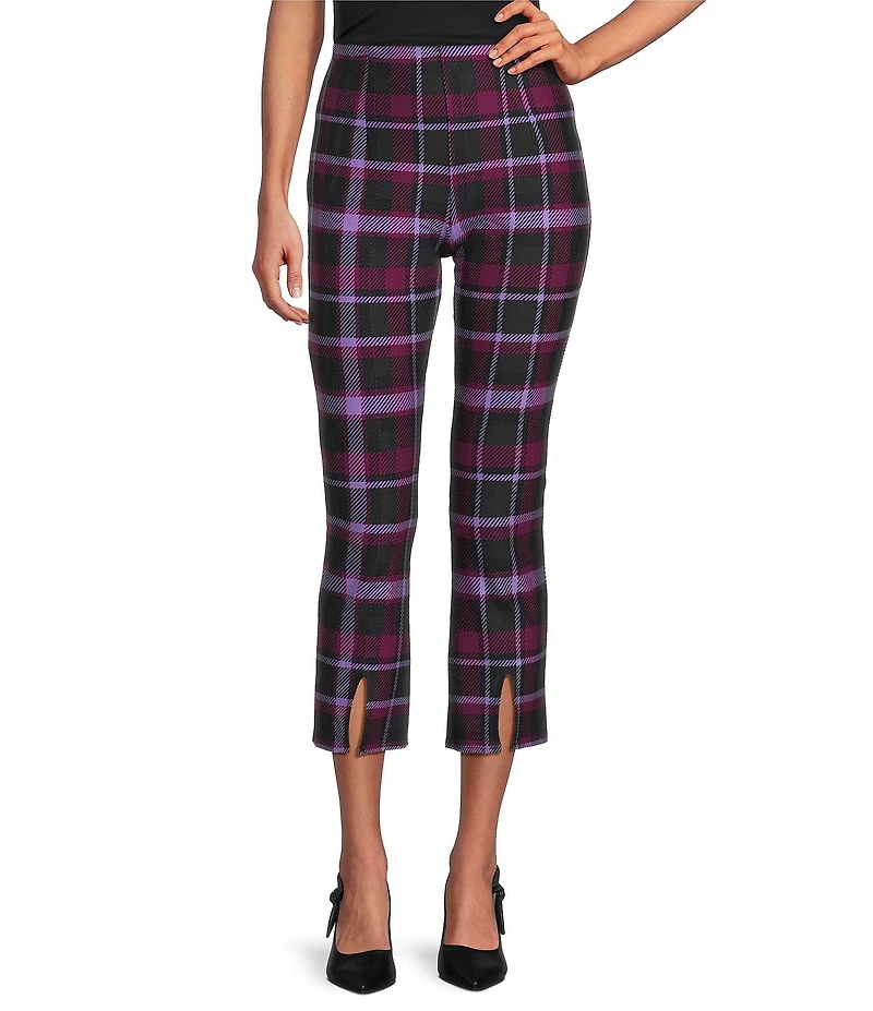 Slim Factor by Investments Ponte Knit Magenta Purple Plaid No Waist Kick Flare Crop Split Hem Pants