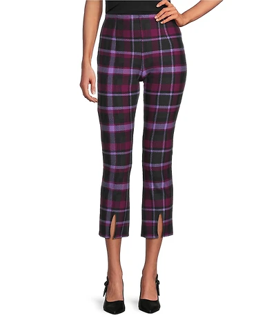 Slim Factor by Investments Ponte Knit Magenta Purple Plaid No Waist Kick Flare Crop Split Hem Pants