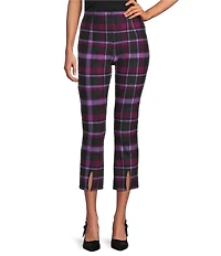 Slim Factor by Investments Ponte Knit Magenta Purple Plaid No Waist Kick Flare Crop Split Hem Pants