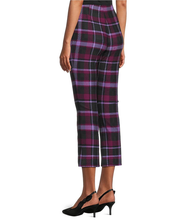 Slim Factor by Investments Ponte Knit Magenta Purple Plaid No Waist Kick Flare Crop Split Hem Pants