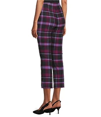 Slim Factor by Investments Ponte Knit Magenta Purple Plaid No Waist Kick Flare Crop Split Hem Pants