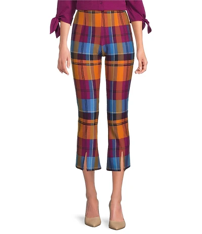 Slim Factor by Investments Ponte Knit Multi Plaid No Waist Kick Flare Crop Split Hem Pants