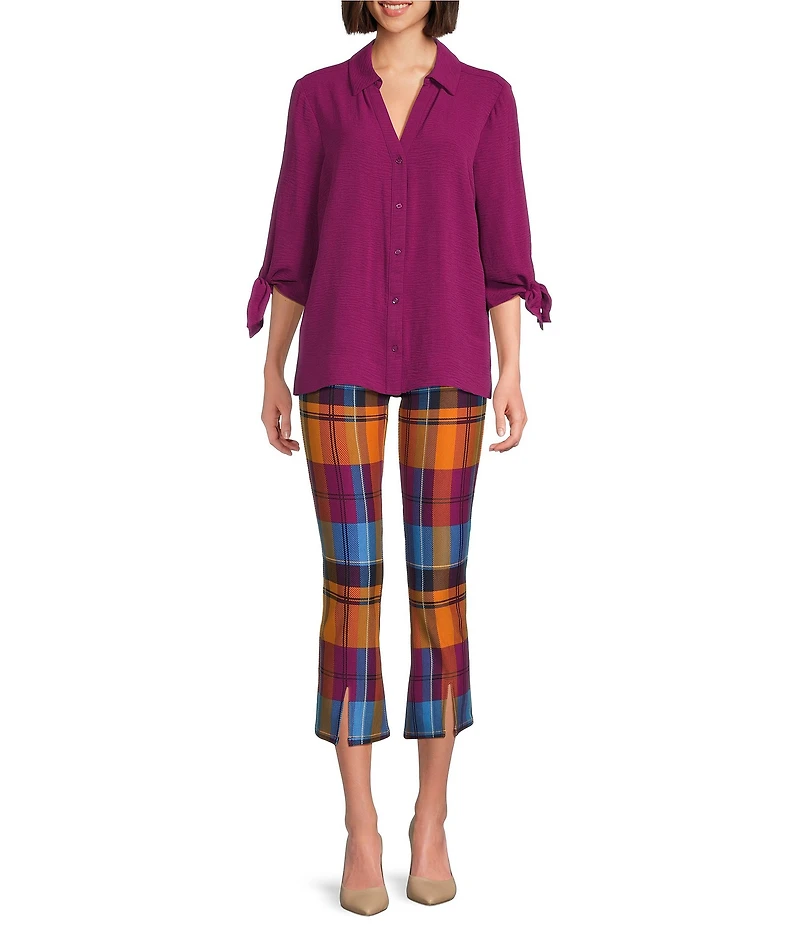 Slim Factor by Investments Ponte Knit Multi Plaid No Waist Kick Flare Crop Split Hem Pants
