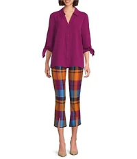 Slim Factor by Investments Ponte Knit Multi Plaid No Waist Kick Flare Crop Split Hem Pants