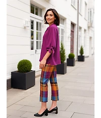 Slim Factor by Investments Ponte Knit Multi Plaid No Waist Kick Flare Crop Split Hem Pants