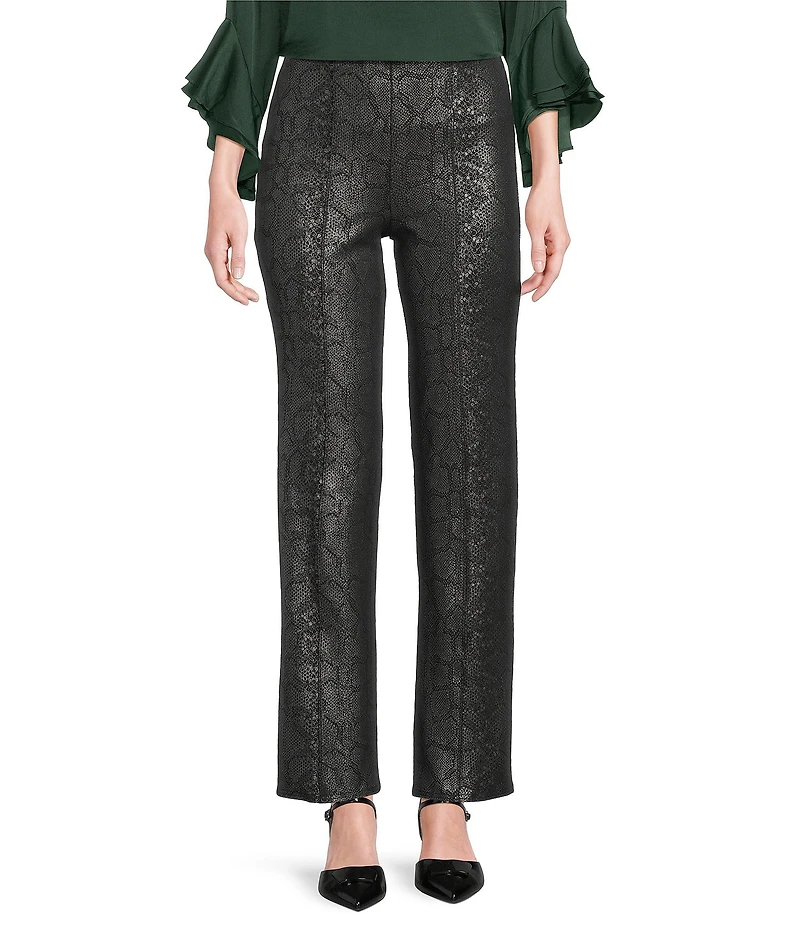Slim Factor by Investments Ponte Knit No Waist Slim Straight Python Foil Coated Pants