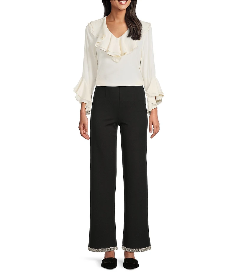 Slim Factor by Investments Ponte Knit No Waist Wide Leg Beaded Hem Pants