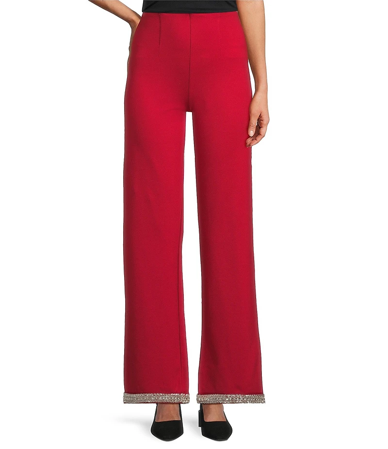 Slim Factor by Investments Ponte Knit No Waist Wide Leg Beaded Hem Pants