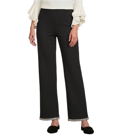 Slim Factor by Investments Ponte Knit No Waist Wide Leg Beaded Hem Pants