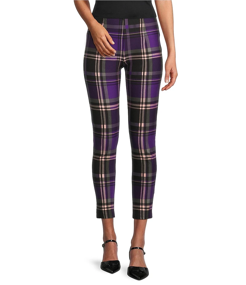Slim Factor by Investments Ponte Knit Purple Plaid Print No Waist Leggings