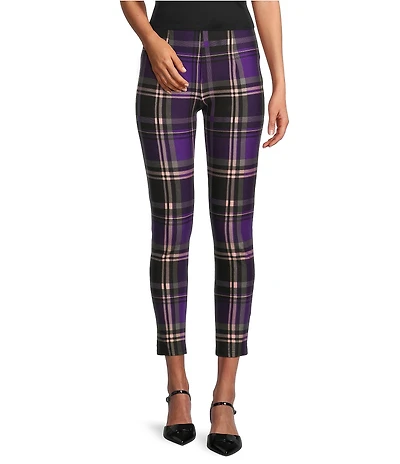 Slim Factor by Investments Ponte Knit Purple Plaid Print No Waist Leggings