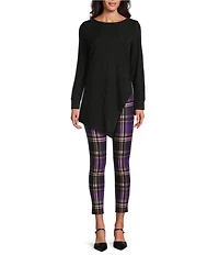 Slim Factor by Investments Ponte Knit Purple Plaid Print No Waist Leggings