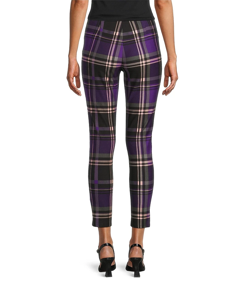 Slim Factor by Investments Ponte Knit Purple Plaid Print No Waist Leggings