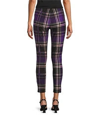 Slim Factor by Investments Ponte Knit Purple Plaid Print No Waist Leggings