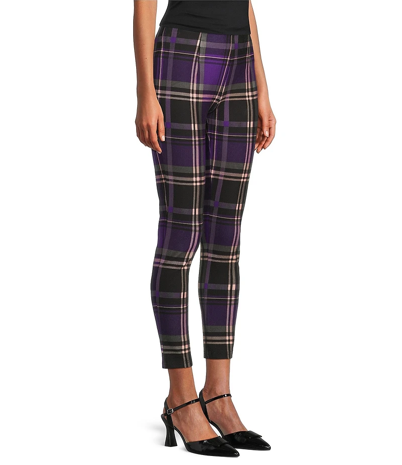 Slim Factor by Investments Ponte Knit Purple Plaid Print No Waist Leggings