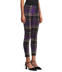 Slim Factor by Investments Ponte Knit Purple Plaid Print No Waist Leggings