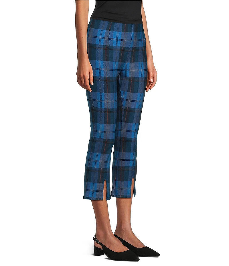 Slim Factor by Investments Ponte Knit Vallarta Blue Plaid No Waist Kick Flare Crop Split Hem Pants