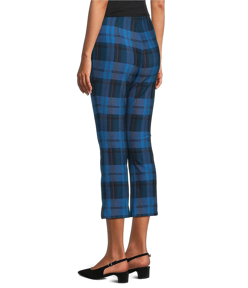 Slim Factor by Investments Ponte Knit Vallarta Blue Plaid No Waist Kick Flare Crop Split Hem Pants