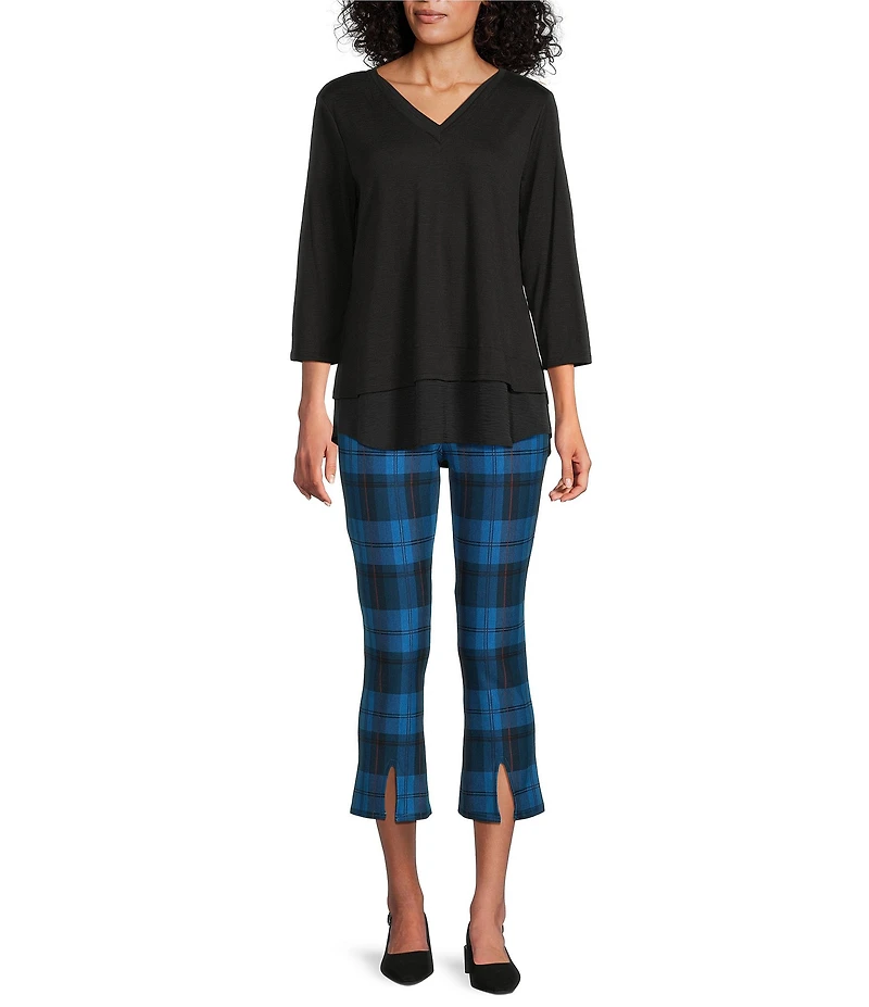 Slim Factor by Investments Ponte Knit Vallarta Blue Plaid No Waist Kick Flare Crop Split Hem Pants
