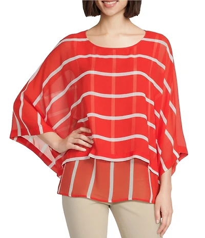 Slim Factor by Investments Poppy Stripe 3/4 Sleeve Crew Neck Double Layer Top