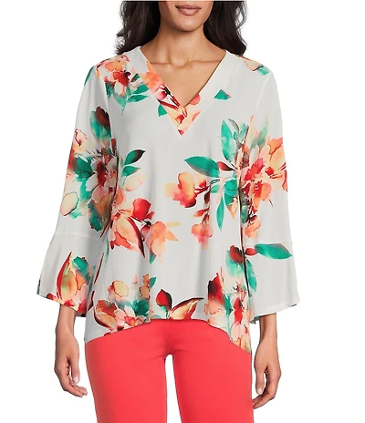 Slim Factor by Investments Scattered Blooms V-Neckline 3/4 Slit Sleeve Top