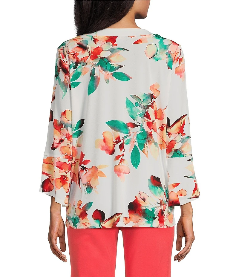 Slim Factor by Investments Scattered Blooms V-Neckline 3/4 Slit Sleeve Top